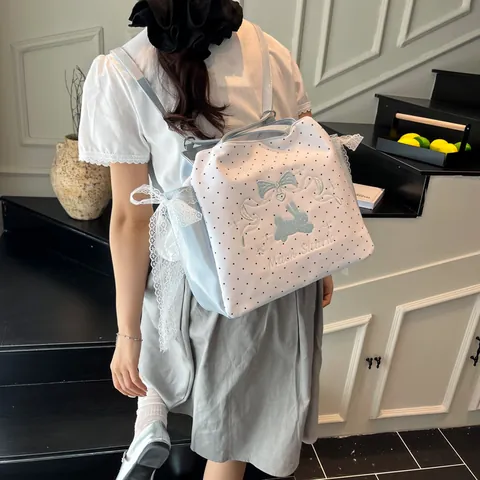 Damen Polka Dot Tote Bag Hasenstickerei Spitze Schleife Große Kapazität PU Leder Japanischer Stil Handtasche Für Den Alltag