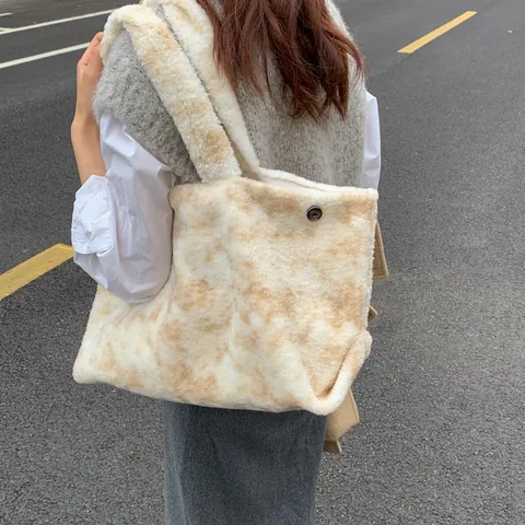 Bolso Tote de Peluche de Piel Sintética para Mujer de Gran Capacidad Estilo Lazy Suave Bolso de Hombro de Invierno Cálido Patrón Mármol