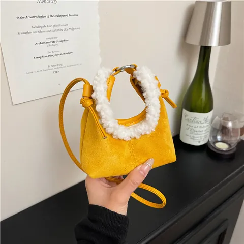 Borsa a Tracolla Mini da Donna Trendy in Finto Agnello Scamosciato Piccola Borsa a Mano con Cuciture Borsa a Tracolla alla Moda Tinta Unita