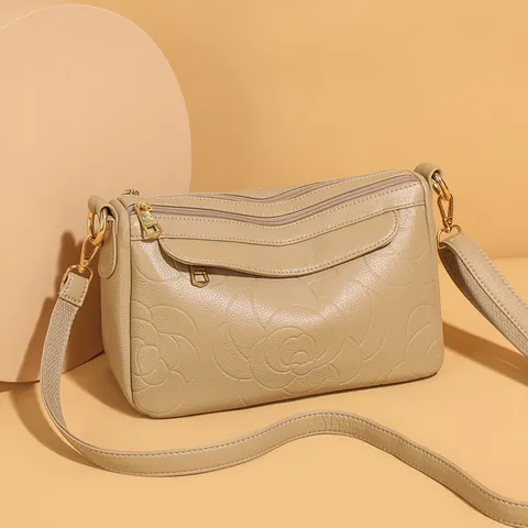 Sac à Épaule pour Femmes en Cuir PU avec Rose Gauffrée Multi-compartiments Grande Capacité Sac Bandoulière avec Matériel Doré Rétro Élégant