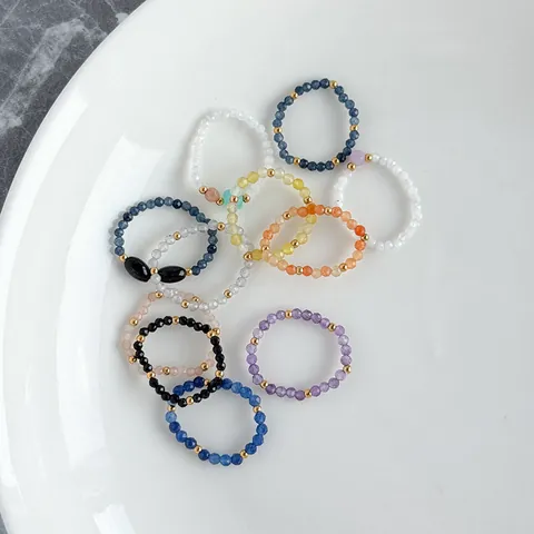 Handmade Colorful Natural Stone Beaded Rings For Women Titanium Steel Minimalist Elastic Finger Ring Bohemia Jewelry
