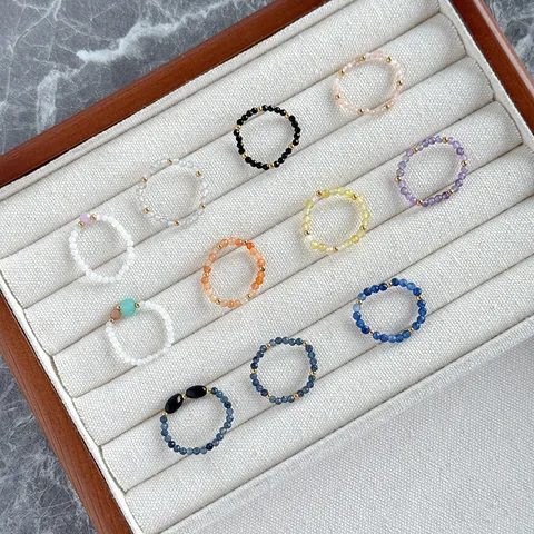Handmade Colorful Natural Stone Beaded Rings For Women Titanium Steel Minimalist Elastic Finger Ring Bohemia Jewelry