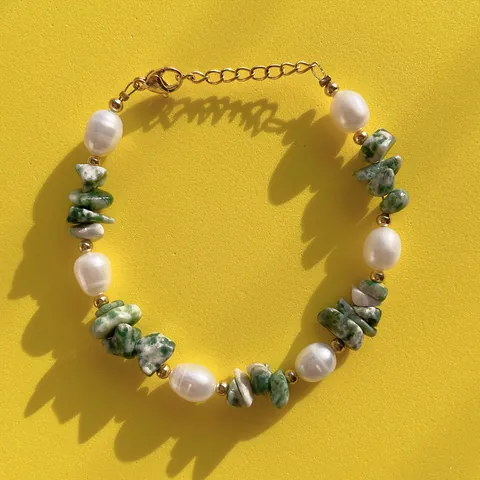 Natuurlijke Zoetwaterparels Groene Natuursteen Kralen Armband 18K Goud Verguld Titaniumstaal Verstelbare Ketting Sieraden Voor Dames