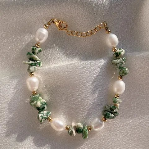Natuurlijke Zoetwaterparels Groene Natuursteen Kralen Armband 18K Goud Verguld Titaniumstaal Verstelbare Ketting Sieraden Voor Dames