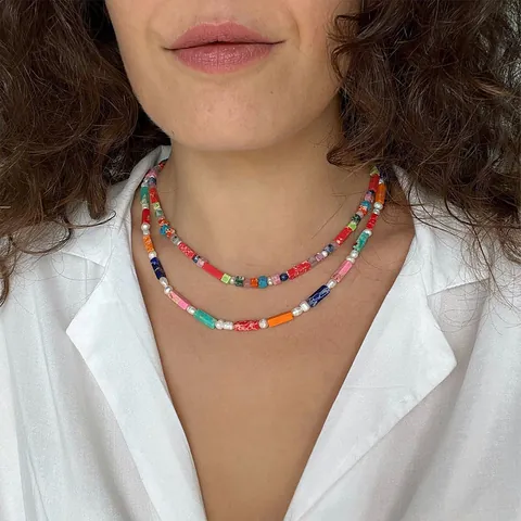 Franse Vintage Turkoois Kralenketting Titanium Staal 18K Verguld Harthanger Boheems Rode Steen Choker Voor Vrouwen