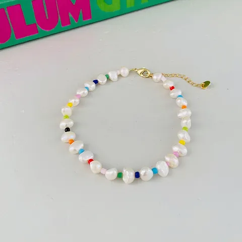 Bracelet en Perles d'Eau Douce Naturelles Fait Main Avec Perles de Rocaille Colorées Acier Titane Plaqué Or Réglable Bracelet Baroque Bijoux Femme