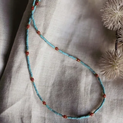 Franse Vintage Turkoois Kralenketting Titanium Staal 18K Verguld Harthanger Boheems Rode Steen Choker Voor Vrouwen