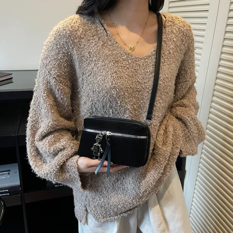 Fashion Women Suede Texture Crossbody Bag Urban Minimalist Box Shape Small Square Purse With Robot Charm Zipper Closure