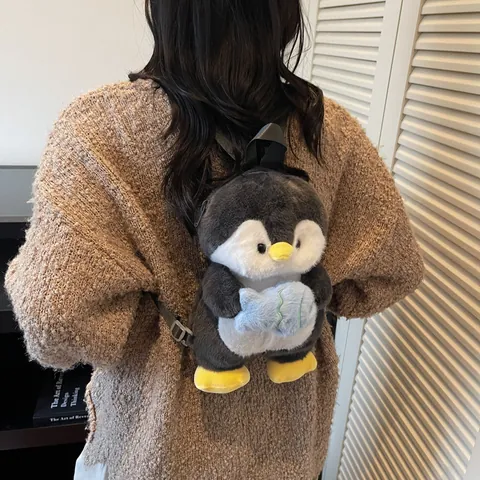Cute Plush Penguin Backpack 3D Animal Shape Soft Doll Double Shoulder Bag With Fish Pendant Adjustable Strap For Girls