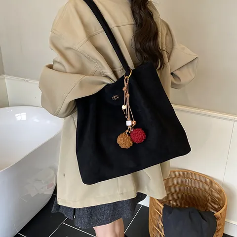 Large Capacity Women Tote Bag Vintage PU Suede Frosted Leather Minimalist Shoulder Bag With Pom Pom Pendant For Daily Commute