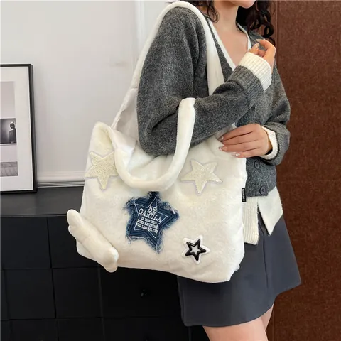 Damen Plüsch Tragetasche Große Kapazität Kunstpelz Schultertasche mit Sternmuster Knochenanhänger Lässige Herbst Winter Handtasche