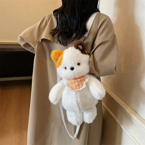 Cute Plush Animal Shape Backpack For Women Girls Soft Faux Fur Bear Cat Cartoon Shoulder Bag With Plaid Bib Lace Decor