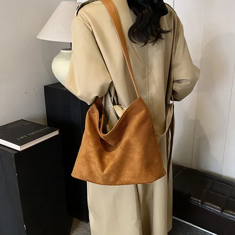 Große Kapazität Vintage PU Leder Tote Bag Für Damen Minimalistisch Koreanischen Stil Wildleder Optik Umhängetasche Lässige Hobo Tasche