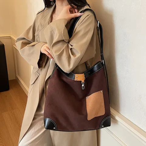 Vintage Faux Suede Large Capacity Tote Bag For Women Contrast Leather Trim Fashion Shoulder Bag Casual Hobo Bag Commute