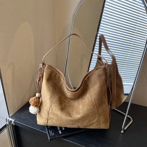 Women Large Capacity Tote Bag Soft PU Suede Hobo Shoulder Bag With Plush Ball Pendant Contrast Stitching Vintage Commuter Bag