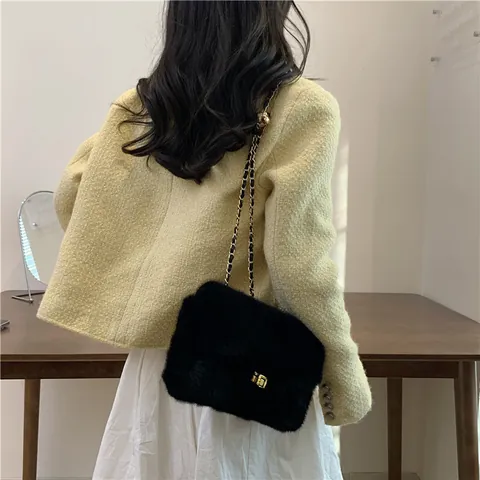 Borsa a Spalla in Pelliccia Sintetica da Donna Elegante Borsa a Tracolla Con Sfera Metallica Inverno Peluche Piccola Borsa Quadrata