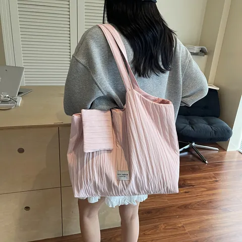 Borsa Shopping da Donna Casual in Tela Grande Capacità con Texture Plicsettata Verticale e Piccola Pochette Set Borse Shopper