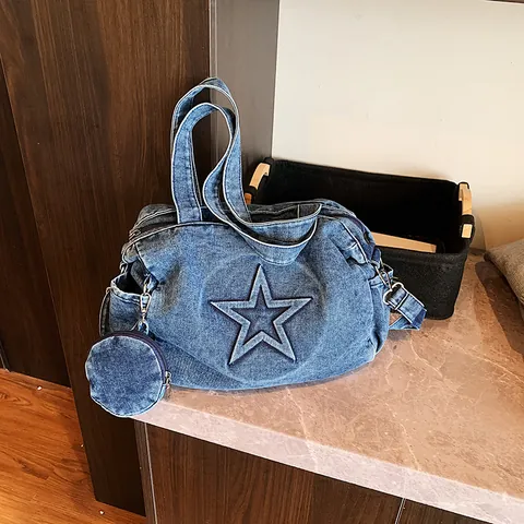Damen Gewaschene Denim Tote Bag Mode Stern Geprägt Große Kapazität Handtasche Casual Schulter Crossbody Tasche Mit Rundem Beutel
