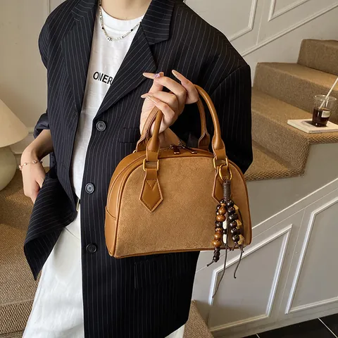 Vintage Women Shell Boston Bag PU Suede Patchwork Shoulder Crossbody Handbag With Wooden Bead Tassel Retro Fashion Small Bag
