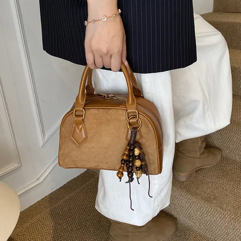 Vintage Women Shell Boston Bag PU Suede Patchwork Shoulder Crossbody Handbag With Wooden Bead Tassel Retro Fashion Small Bag
