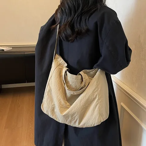 Women Large Capacity Wrinkled Nylon Tote Bag Casual Shoulder Crossbody Bag Minimalist University Student Handbag