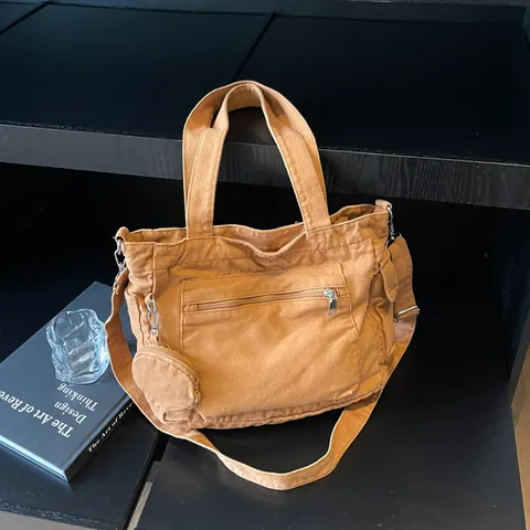 Dames Canvas Tote Tas Grote Capaciteit Casual Minimalistisch Schoudertas Met Kleine Ronde Tas Student Schooltas