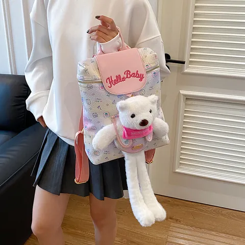 Niedlicher Cartoon Bär Plüschpuppe Rucksack Für Mädchen PU Leder Hello Baby Stickerei Große Kapazität Schulranzen Mode Daypack