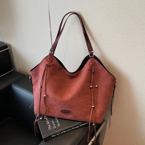 Sac Fourre-tout Grande Capacité Style Coréen Aspect Daim PU Pour Femmes Sac à Épaule Minimaliste Avec Cordon de Serrage