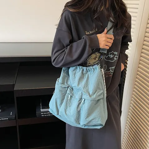 Nylon Umhängetasche Mit Großem Fassungsvermögen Kordelzug Multi Tasche Tote Bag Damen Lässige Reise Pendler Schultertasche