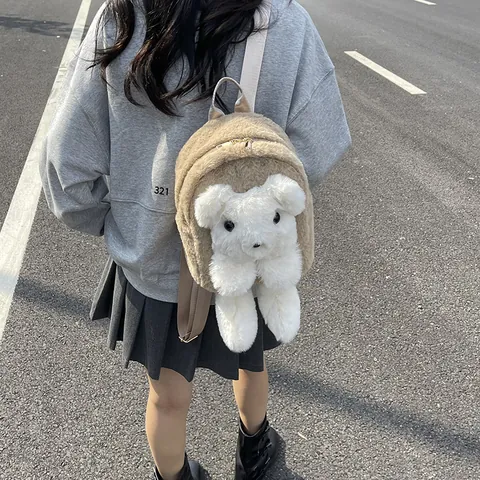 Women's Cute 3D Plush Bear Backpack Faux Fur Cartoon Animal Shoulder Bag For Kids Girls Soft School Bag Travel Daypack