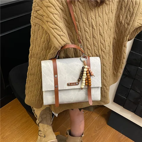 Vintage PU Leather Large Capacity Women's Backpack Retro Stone Texture Shoulder Bag With Wood Bead Charm Handheld Briefcase