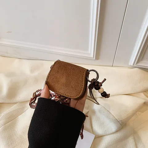 Vintage Mini Wildleder Umhängetasche Für Damen Schicker Kleiner Brustbeutel Mit Holzperlen Satin Schal Dekor Retro Tasche