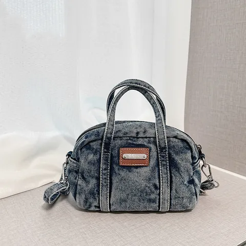 Vintage Washed Denim Boston Bag For Women Mini Denim Handbag With Adjustable Strap Casual Small Crossbody Shoulder Bag
