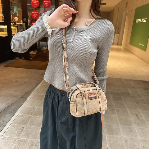 Vintage Washed Denim Boston Bag For Women Mini Denim Handbag With Adjustable Strap Casual Small Crossbody Shoulder Bag