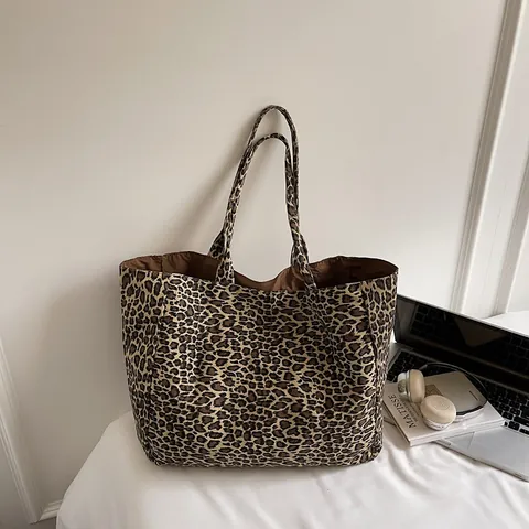 Moda Stampa Leopardata Borsa Tote in Tela Grande Capacità Donna Borsa a Spalla Vintage Estetica Pendolare Borsa a Mano
