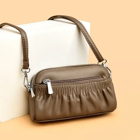 Women Genuine Leather Crossbody Bag Ruched Litchi Texture Multi Layer Zipper Small Shell Purse Messenger Bag For Daily Use
