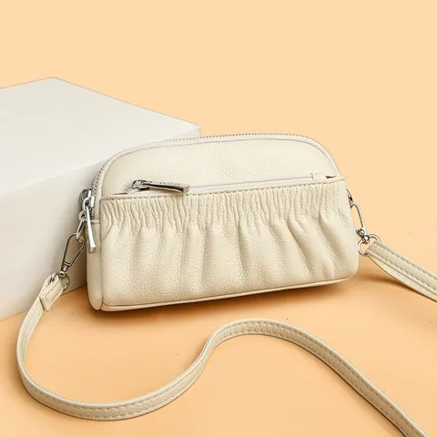 Women Genuine Leather Crossbody Bag Ruched Litchi Texture Multi Layer Zipper Small Shell Purse Messenger Bag For Daily Use