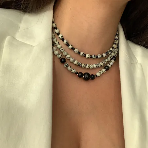 Vintage Baroque Pearl Dalmatian Jasper Stone Necklace Earrings Set For Women Stainless Steel Gold Plated Minimalist Jewelry