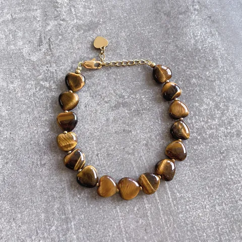 Bracciale di Perline in Occhio di Tigre Naturale a Forma di Cuore Vintage da Donna in Acciaio al Titanio Placcato Oro