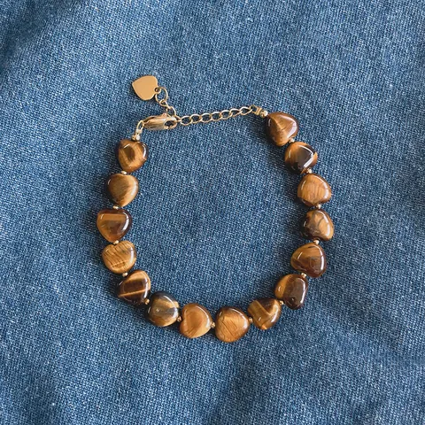 Bracciale di Perline in Occhio di Tigre Naturale a Forma di Cuore Vintage da Donna in Acciaio al Titanio Placcato Oro