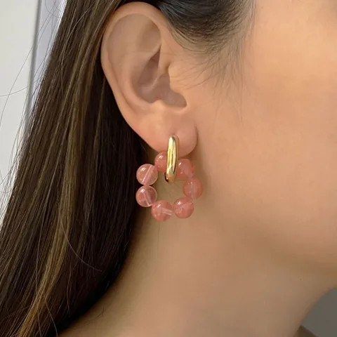Natural Stone Hoop Earrings 18K Gold Plated Titanium Steel Asymmetric Bead Cluster Dangle Minimalist Fashion Jewelry Women