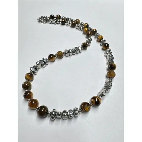 Collar de Cuentas de Piedra de Ojo de Tigre Natural Chapado en Oro 18K Acero Inoxidable Hematita Choker Hombre Mujer Hip Hop