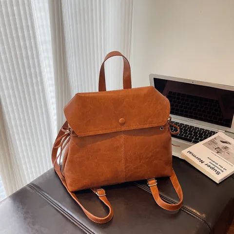 Sac à Dos en Cuir PU Vintage Pour Femmes Sac Seau Grande Capacité Minimaliste à Rabat Sac à Dos École Sac Quotidien
