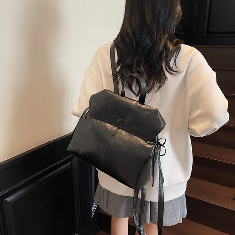 Sac à Dos en Cuir PU Vintage Pour Femmes Sac Seau Grande Capacité Minimaliste à Rabat Sac à Dos École Sac Quotidien