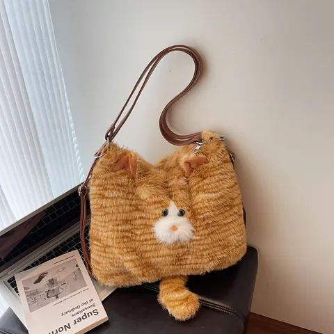 Linda Mochila de Peluche con Forma de Gato para Mujer Piel Sintética Rayas Gran Capacidad Bolso de Hombro con Cola y Orejas