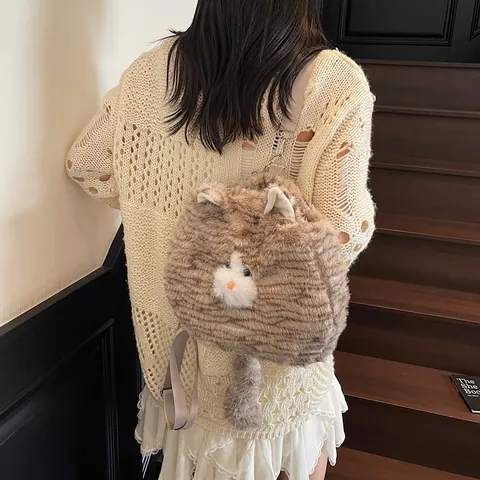 Linda Mochila de Peluche con Forma de Gato para Mujer Piel Sintética Rayas Gran Capacidad Bolso de Hombro con Cola y Orejas