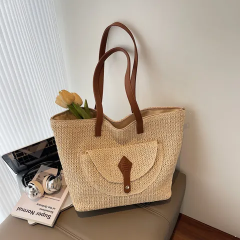 Große Kapazität Stroh Einkaufstasche Gewebte Schultertasche Mit PU Lederriemen Funktionelle Tasche Strandurlaub Damen Handtasche