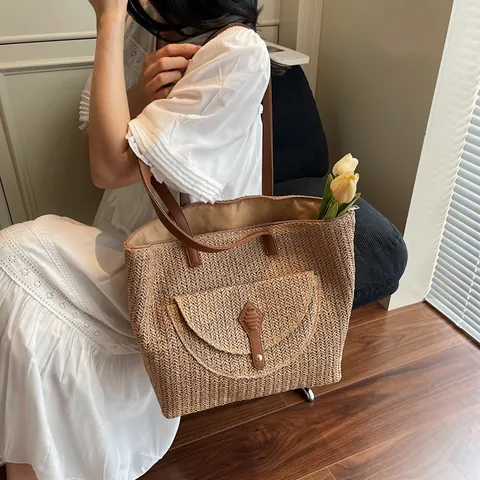 Große Kapazität Stroh Einkaufstasche Gewebte Schultertasche Mit PU Lederriemen Funktionelle Tasche Strandurlaub Damen Handtasche