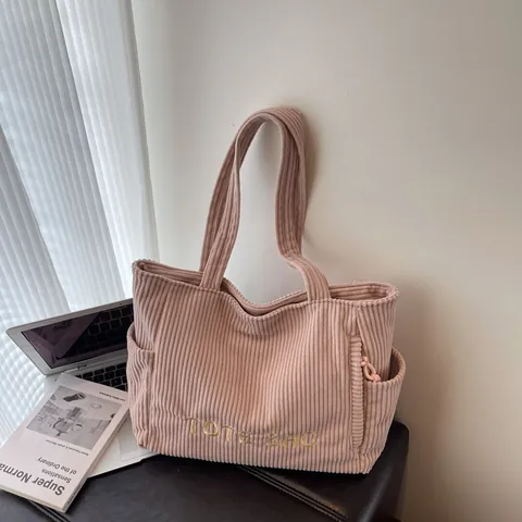 Borsa Tote in Velluto a Coste da Donna Grande Capacità Borsa a Tracolla Con Ricamo di Lettere Casual Moda Lavoro Scuola Handbag