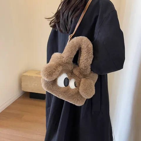 Women's Cute Plush Cartoon Big Eye Handbag Faux Furry Small Square Tote Street Trendy Faux Fur Crossbody Shoulder Bag